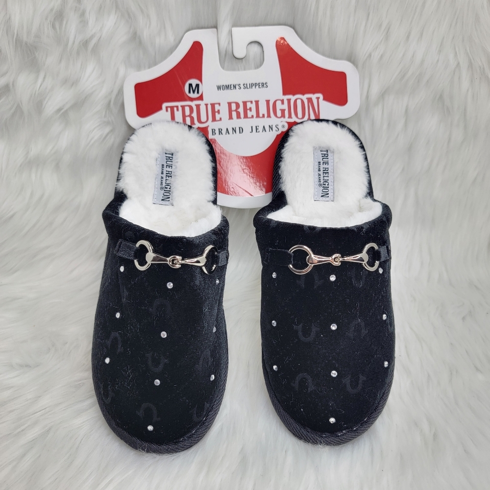 True Religion Faux Fur Bling Slippers.